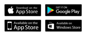 Buttons to download on app store, get it on google play, available on the app store and available on windows store.