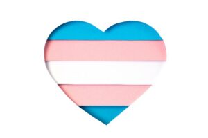 Transgender flag in the form of paper cut out heart shape with blue, pink and white colors. Love, pride, diversity, tolerance, equality