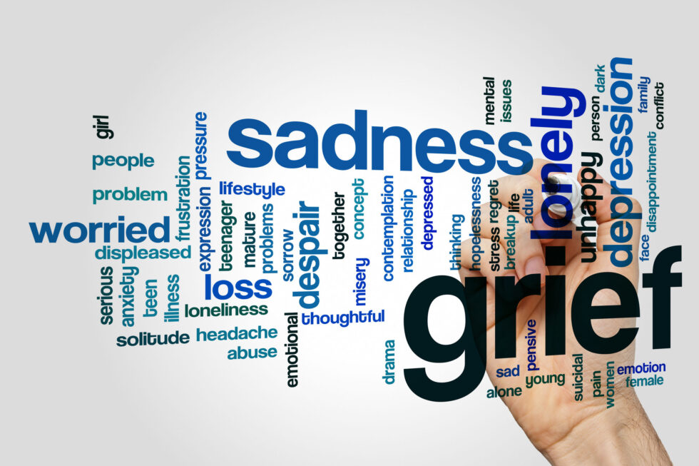 Hand with lots of words associated with grief such as sadness, depression and loss.